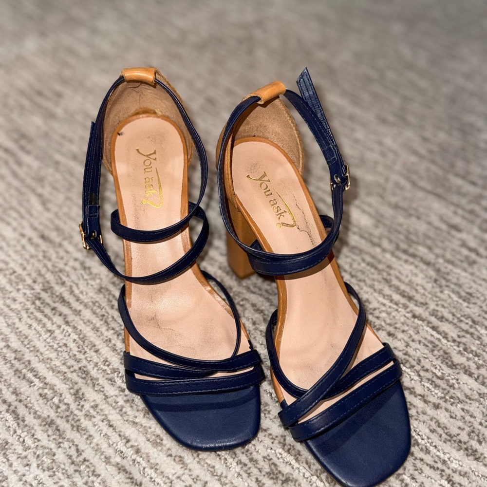 Dual Color Navy/Brown Women's Strappy Block Heels
